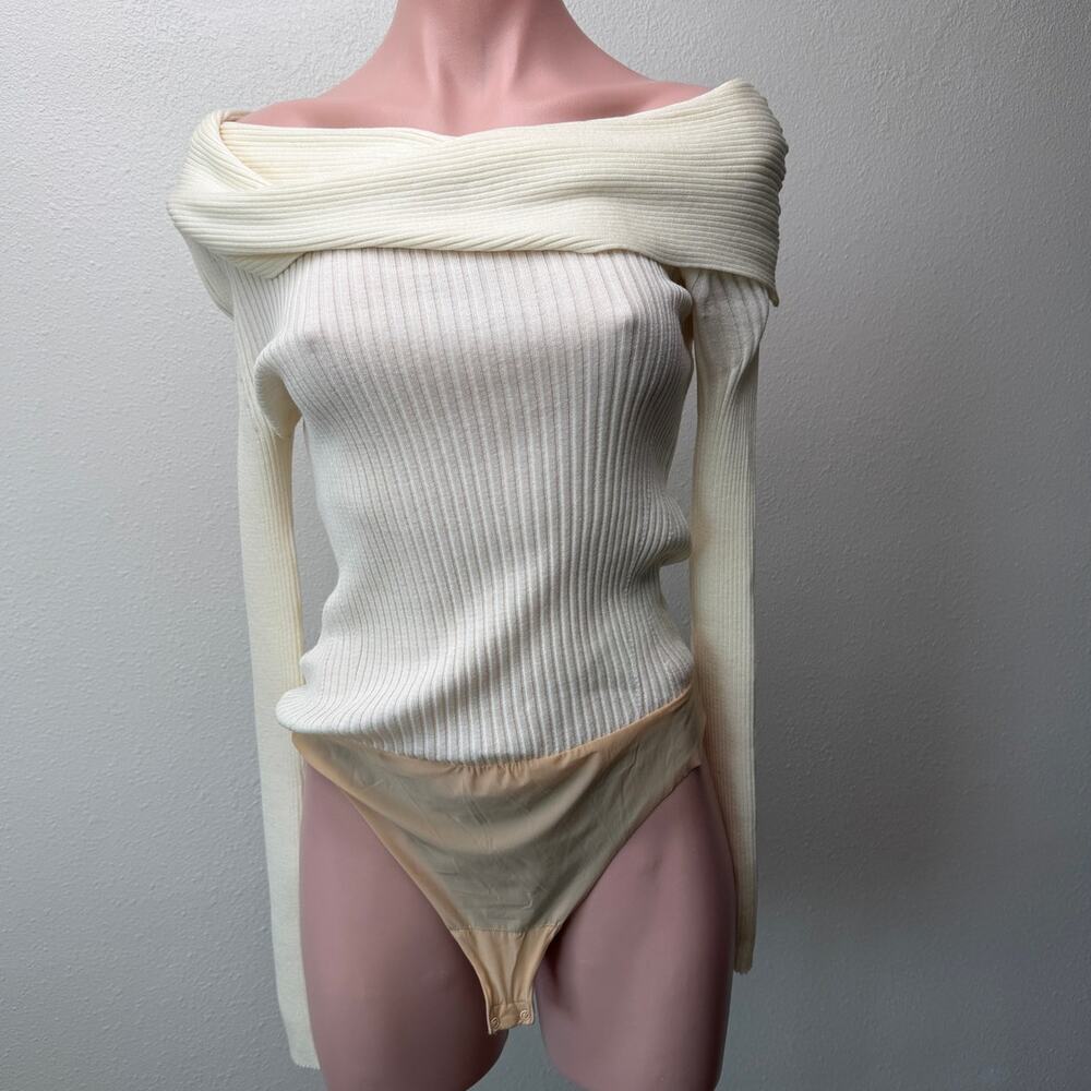 Wolford x Simkhai Ribbed Off Shoulder Wool Bodysuit Cream S